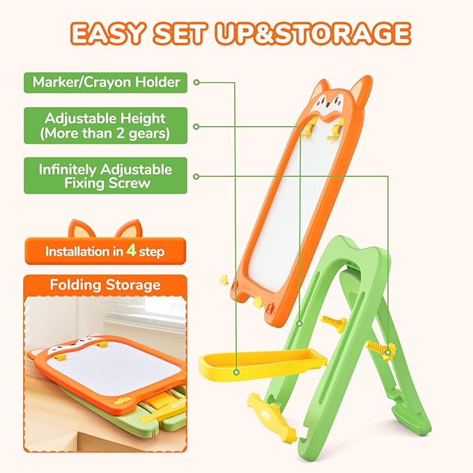 Adjustable Standing Toddler Art Easel with educatinal Accessories for Kid,4-in-1 Double-Sided Magnetic Chalkboard&Whiteboard,Dry Eraser Board,Detachable&Portable,Ideal Birthday Gift for 2-4,FOX