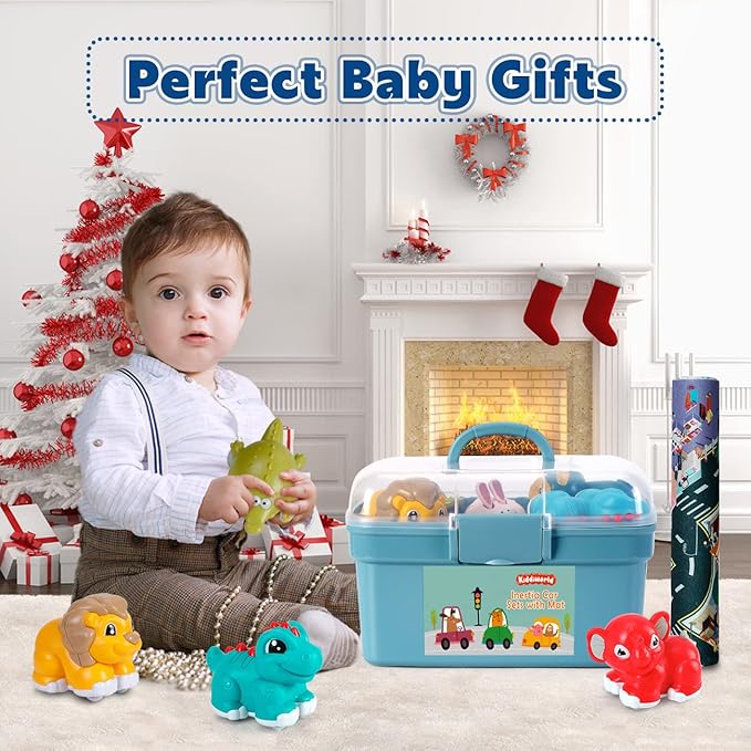 Animal Car Toys for 1 Year Old Boy Gifts: Mini Trucks with Playmat/Storage Box for Toddler Age 1-2, 1st One First Christmas Birthday Gift for Infant Baby 12-18 Months