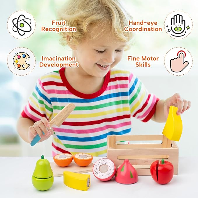 Wooden Play Food Sets for Kids Kitchen, Pretend Play for Toddlers, Montessori Wooden Food Toys, Velcro Cutting Fruit Toys, Play Food for Kids Ages 4-8, Boys Girls Birthday Gifts