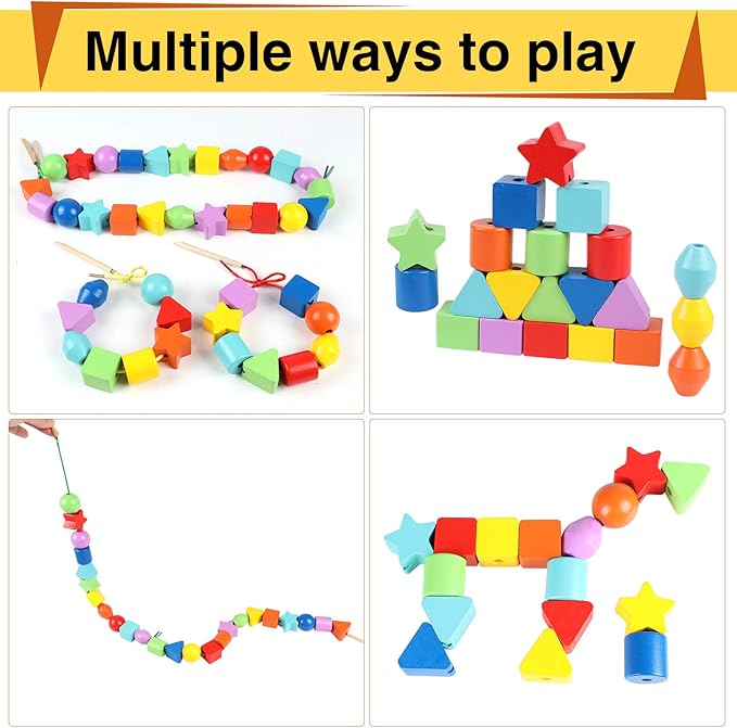 Atoylink 42PCS Lacing Beads Montessori Toys for Toddlers Wooden Primary String Threading Beads Rainbow Lacing Toy Preschool Fine Motor Skills Educational Toy for 3 4 5 6 7 8 Years Old Kids Boys Girls