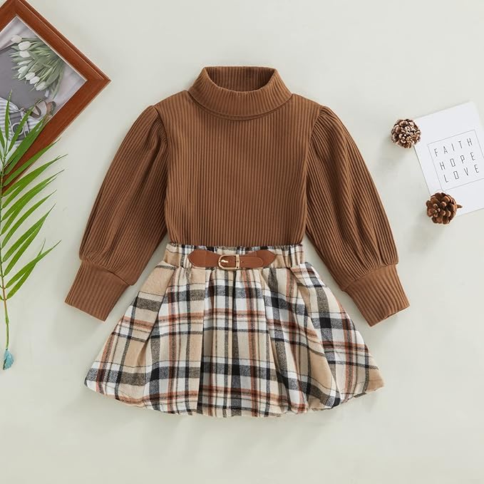 Fernvia Toddler Baby Girl Fall Winter Skirt Set Turtleneck Ribbed Long Sleeve T-Shirt Top & Plaid Skirts Dress 2Pcs Outfits