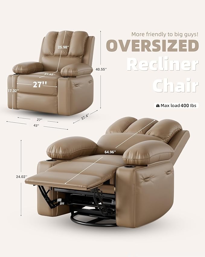 27'' Leather Recliner Chair Oversized, Overstuffed Manual Recliner Chair, Single Sofa for Adults, with Cup Holder and Side Pockets, for Living Rooms, Max Weight 400 lbs, Tan