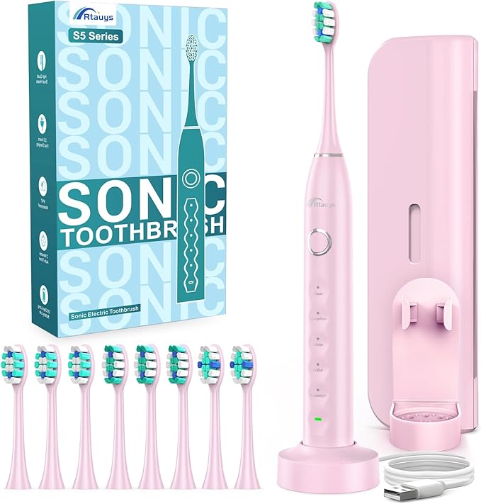 Rtauys Electric Toothbrush for Adults and Kids, Wireless Rechargeable Tooth Brush with 8 Replacement Heads, One Charge for 120 Days, 5 Modes Toothbrush with Travel Case, Pink