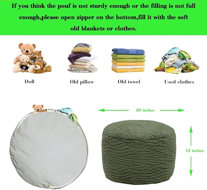 Pouf Ottoman Stuffed 20x20x12 Inches Floor Pouf Plush Fiber Ottoman Foot Rest Under Desk Foot Stool for Living Room Bedroom (Green)