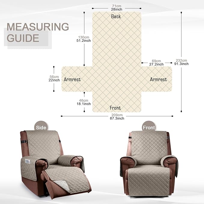 KinCam 100% Waterproof Recliner Chair Cover, Reclining Couch Covers for Pets, Dogs, Recliner Couch Slipcover Furniture Protector with Elastic Straps for Kids(28", Khaki)