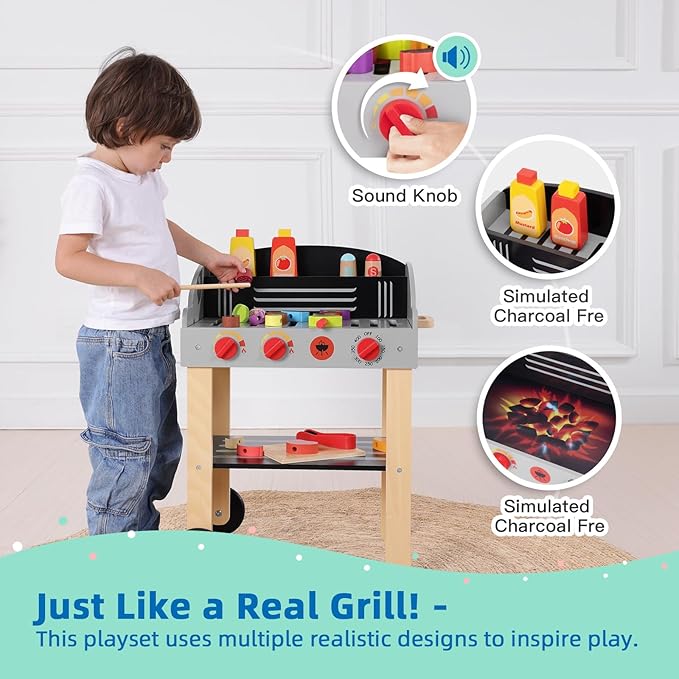 Kids Grill Playset Wooden Barbecue Toy Grill with Play Food Toy and Grilling Tools, Play Kitchen Accessories for Toddlers Age 3+