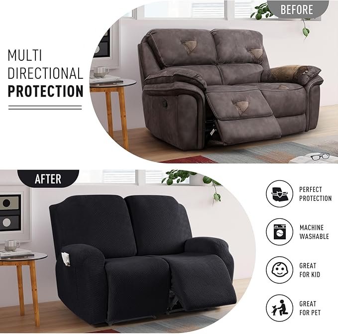 KinCam Recliner Covers, Stretch Reclining Chair Covers, Recliner Sofa Slipcovers Stripe Jacquard Recliner Couch Covers Furniture Protector Covers for Pet Kid (2XL Seater, Black)