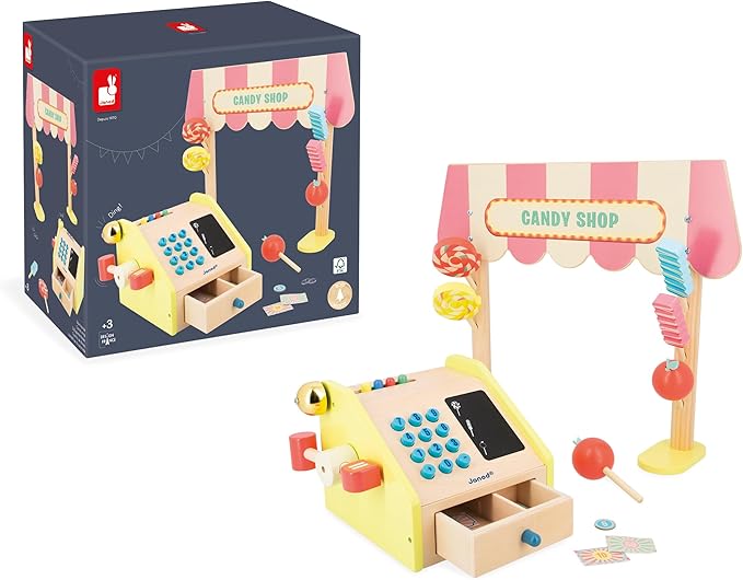 Janod - Applepop Children's Merchant - Imitation Game with Cash Register - 19 Accessories - Develops Imagination - FSC Wooden Toy - Water Painting - Suitable for Ages 3 and Above