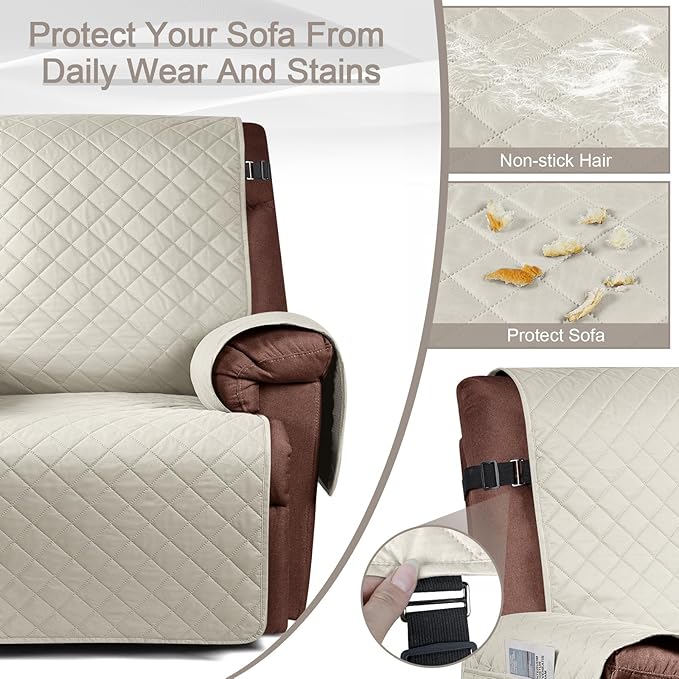 KinCam 100% Waterproof Recliner Chair Cover, Reclining Couch Covers for Pets, Dogs, Recliner Couch Slipcover Furniture Protector with Elastic Straps for Kids(23.6", Ivory)