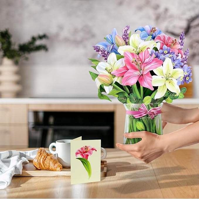 Airpark Pop Up Bouquet Card, Lillies & Lupines, 12 inch Paper Flowers 3D Popup Cards with Note Card and Envelope for Birthday and Gifts, Get Well for Women Kids, Easter Decor