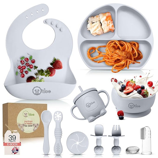 O'doe 11-Piece BPA-Free Silicone Baby Feeding Set | Thick & Soft Suction Plates, Baby Bowls, Wooden Fork & Spoon, and More | Make Mealtime Fun and Easy for Your Little One (Grey, V1)