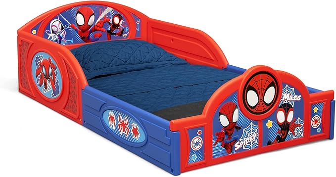 Delta Children - Marvel Spidey and His Amazing Friends 4-Piece Toddler Room-in-a-Box Set – Includes Sleep and Play Toddler Bed, Table, 1 Chair and Fabric Toy Box, Blue/Red