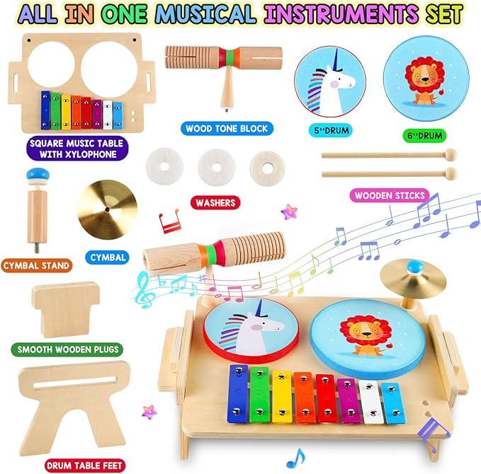 Kids Drum Set, Baby Musical Instruments Toys for Toddlers, 7 in 1 Wooden Xylophone Toddler Drum Set Percussion Instruments Musical Toys Birthday Gifts for Children Boys and Girls