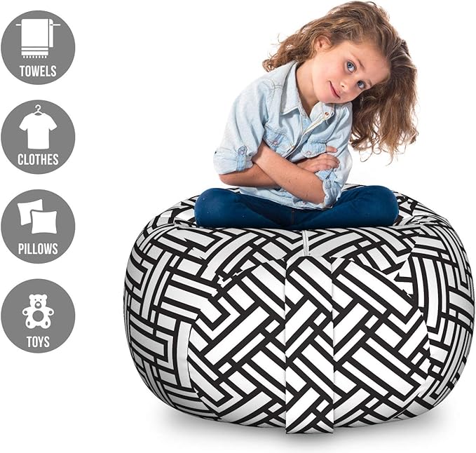 Ambesonne Black and White Storage Toy Bag Chair, Monochrome Interlocking Stripes Pattern with Modern Abstract Inspirations, Stuffed Animal Organizer Washable Bag, Large Size, White Black