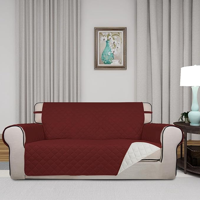 PureFit Reversible Quilted Sofa Cover, Water Resistant Furniture Protector, Washable Couch Cover with Non Slip and Elastic Straps for Kids, Dogs, Pets (Oversized Loveseat, Red/Ivory)