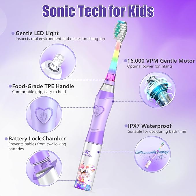 Kids Electric Toothbrush Toddler Toothbrush Age 2-4-8-12 Girls Electric Toothbrush with Timer Rainbow LED Light Up Vibrating Toothbrush Battery Operated Childrens Sonic Tooth Brush (Rabbit Purple)