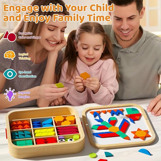 Wooden Magnetic Pattern Blocks with Cards, 288 PCS Montessori Tangram Puzzle Learning Toys for Toddlers 3-5, Educational STEM Gift for Kids Boys Girls 3 4 5 6
