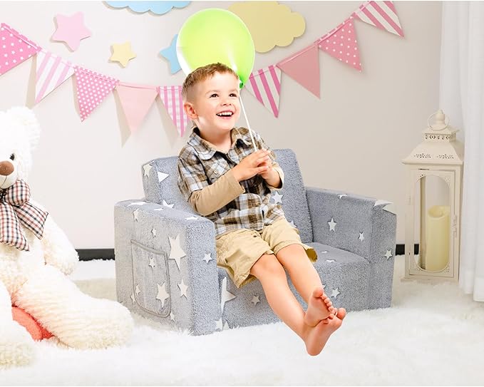ALIMORDEN 2-in-1 Flip Out Cuddly Sherpa Toddler Couch, Convertible Sofa to Lounger, Star