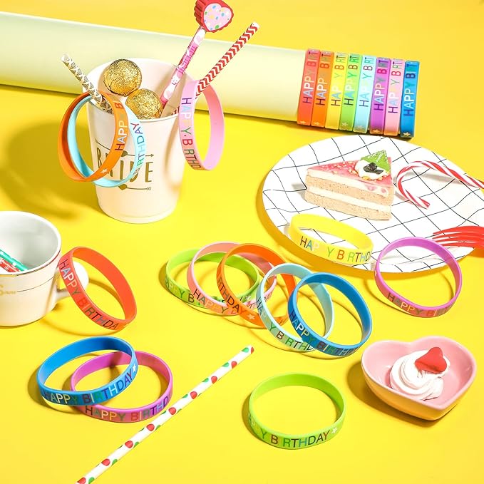 24 Pieces Happy Birthday Rubber Bracelets, Colored Silicone Stretch Wristbands Classroom Birthday Bracelets Party Favors Goodie Bag Stuffers for Teenagers Classroom Birthday Party Supplies
