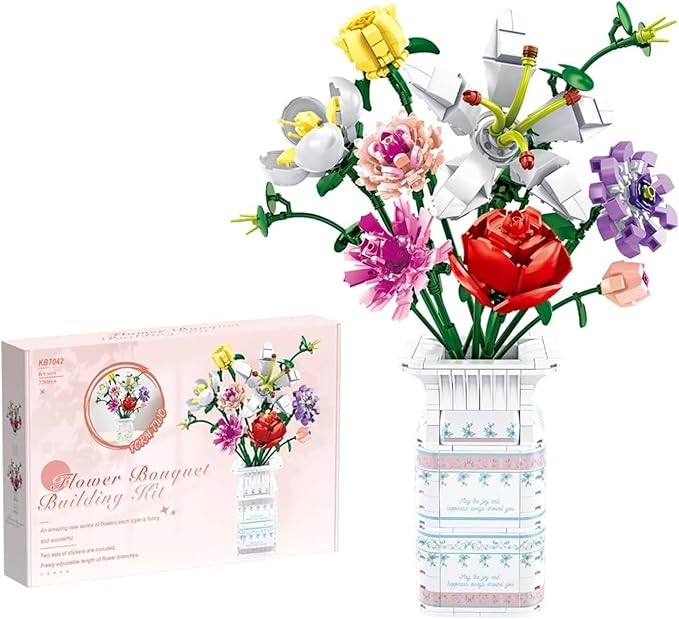 Adults Flowers Bouquet Building Set for Women, 10 Artificial Flowers, with Blocks Vase (730 Pcs)