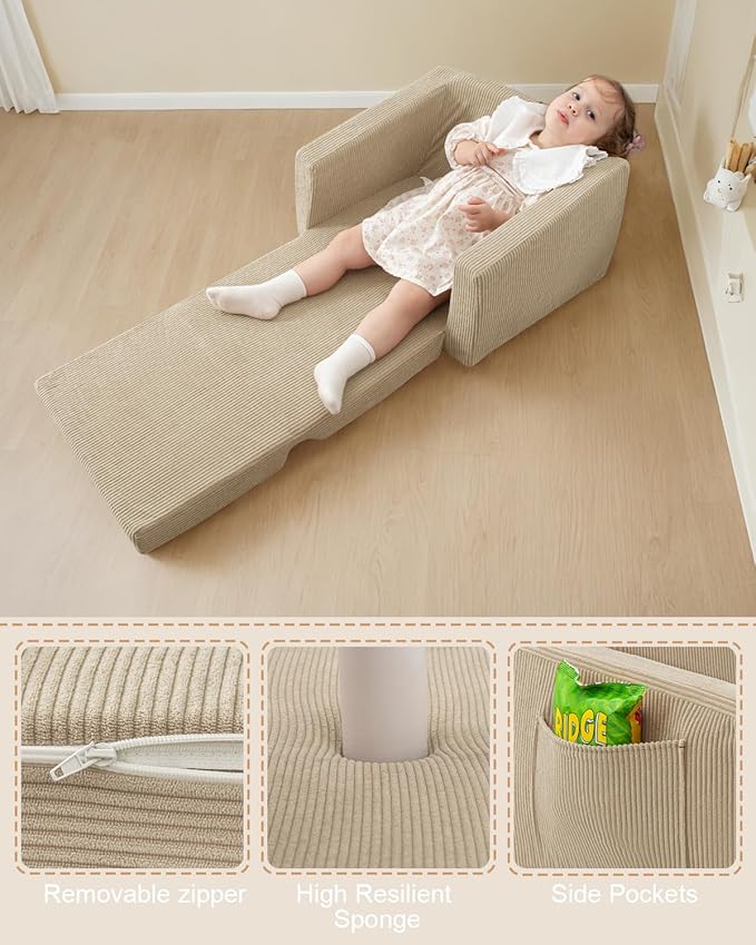 Toddle & Kids Chair,2-in-1 Soft Toddler Couches That Fold Out,Toddler Chairs Comfy 1-3 Years Old,Convertible Sofa to Lounge,Beige