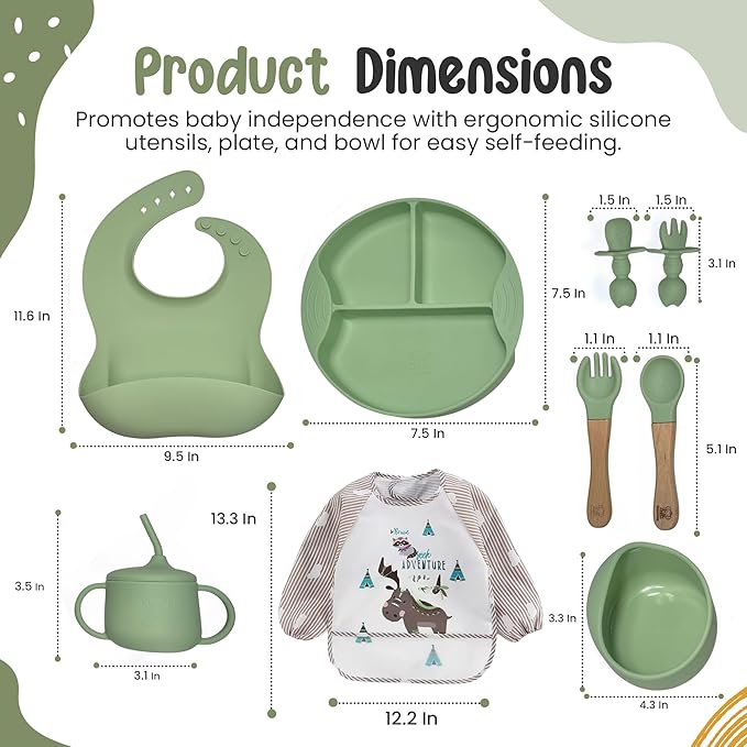 Silicone Baby Feeding Set, Eating Utensils with Suction Plate and Bowl, Baby Led Weaning Supplies, Toddler Self Feeding Dish Set, Waterproof Bib, Baby Feeding Essentials, Spoon 10pcs (Green)