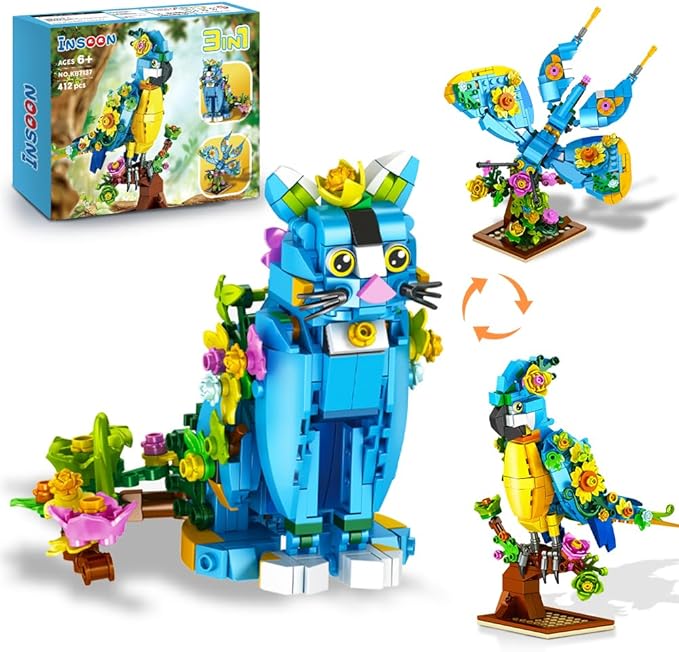 3 in 1 Flower Cat Parrot Butterfly Building Set, Animal Figures Building Toy for Home Office Art Decor, 412 PCS Building Block Gift for Kids Boys Girls Ages 6 7 8 9 10 11 12+ Adults