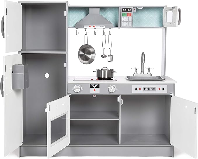 Amazon Basics Kids Upright Wooden Kitchen Toy Playset with Stove, Oven, Sink, Fridge and Accessories, for Toddlers, Preschoolers, Children Age 3+ Years, White & Gray, 39"L x 11.8"W x 39'H'