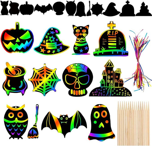 48 Pieces Halloween Scratch Crafts for Kids, DIY Rainbow Magic Scratch Paper, Bat Pumpkin Halloween Haunted House Arts and Crafts Ornaments Decoration for Halloween Activity Party Favor
