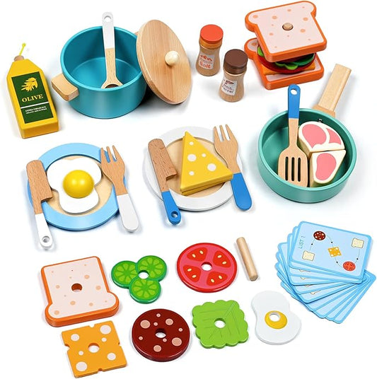 35 PCS Wooden Play Kitchen Accessories, Pretend Play Kitchen Toys for Kids Toddlers, Wooden Play Cooking Set Play Food Cookware Pots Pan Dishes, Gifts for Girls Boy 3 4 5 6 Years Old