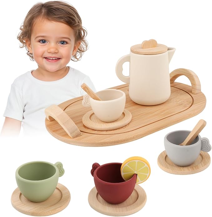 Silicone Tea Set Kids, Toddler Tea Sets for Little Girls 3-5, Pretend Party Play Toys Kitchen Accessories for Boys with Soft Teapot Cups Wooden Saucers