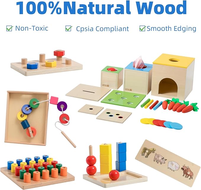 Adena Montessori Play Kit for 16-18 Months Baby,6 in 1 Learning Educational Toys for Toddler,Include 7-in-1 Play Set,Farm Animal Puzzle,Stacking Pegboard and more,Christmas Birthday Gift for Boys Girl