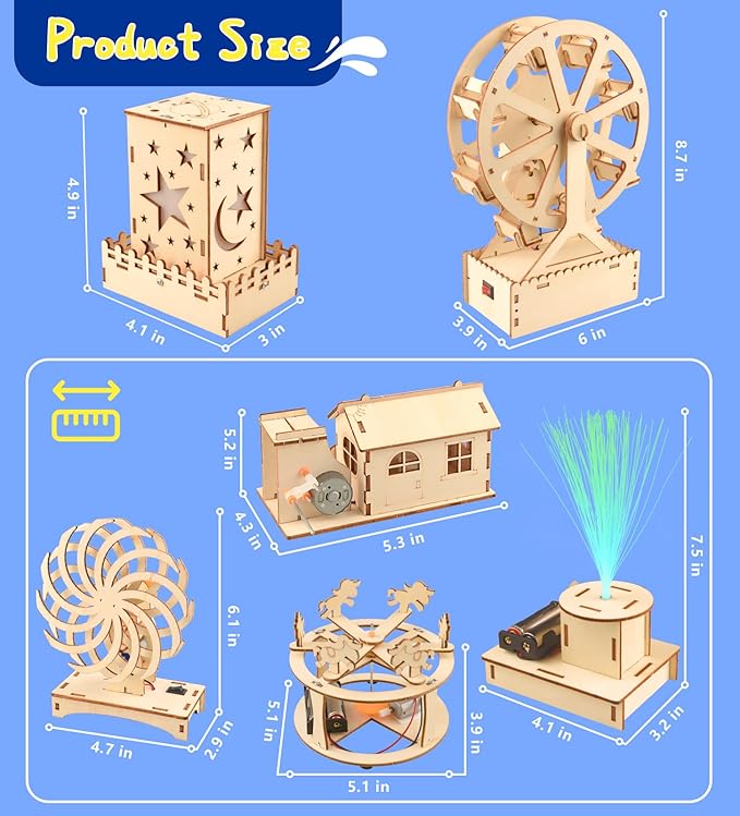 6-in-1 STEM Kits for Kids Age 8-12, Educational STEM Toys for Boys and Girls, Wooden Building Kit for Kids STEM Science Experiments Kit, Ideal Christmas Birthday Gifts for 8 9 10 11 12 13 Year Old