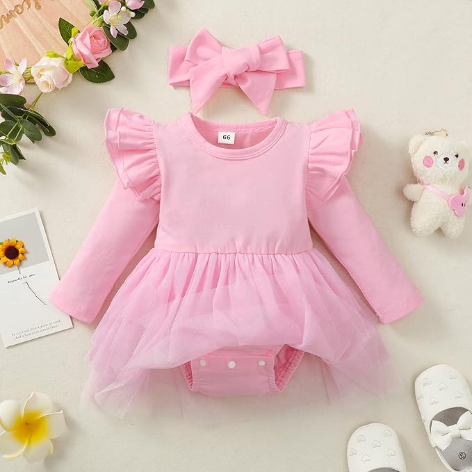 Baby Girl Ruffle Sleeve Romper Dress Outfit Newborn Princess Tulle Dresses Infant Jumpsuit Tutu Skirt Set Clothes