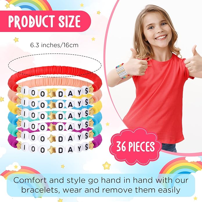 36 Pcs Happy 100th Day of School Bracelets Colorful Friendship Beads Bracelet for Boy Girl Kids Cute 100th Day Gifts Stretchy Acrylic Clay for School Supply Decor Student Rewards