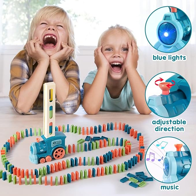 200 PCS Domino Train Toy Set with Stickers, Dominos Train for Kids Boys Girls, Electric Dominoes Machine Train Toy Set, Birthday Easter Gifts for Kids Ages 4-6-8 Games Family Games Dominoes