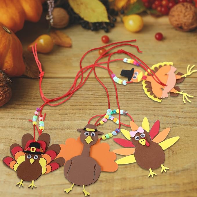 24 Pcs Thanksgiving Turkey Necklaces Kit, Turkey Beaded Necklace Making Kit, DIY for Kids, Thanksgiving Gifts Set for Thanksgiving Party toys Game Activity