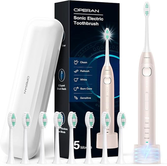 Operan Electric Toothbrush for Adults and Kids Rechargeable Sonic Toothbrush with 5 Modes 2-Min Smart Timer IPX7 Waterproof 40,000 VPM Motor with 8 Brush Heads & Travel Case (Champagne)