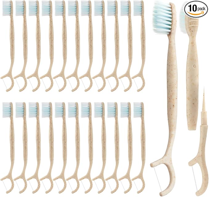 Travel Toothbrush Dental Floss Picks - 4 in 1 Biodegradable Disposable Toothbrushes with Tongue Scraper, Eco-Friendly Individually Wrapped Toothbrush for Adult Kids Travel Oral Care, 10 Pack