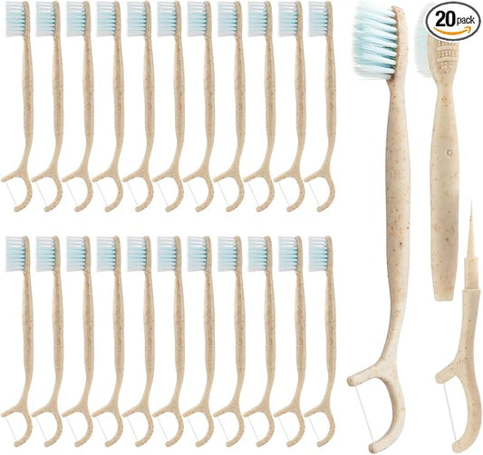 Travel Toothbrush Dental Floss Picks - 4 in 1 Biodegradable Disposable Toothbrushes with Tongue Scraper, Eco-Friendly Individually Wrapped Toothbrush for Adult Kids Travel Oral Care, 20 Pack