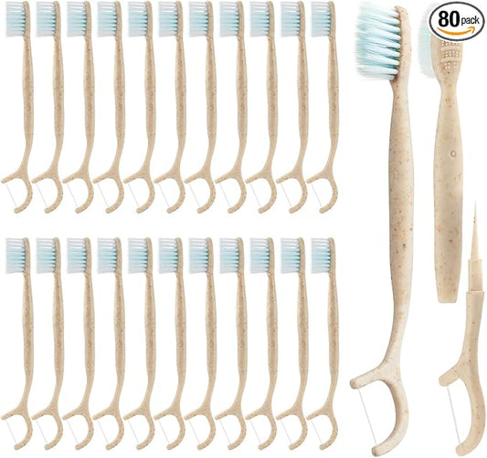 Travel Toothbrush Dental Floss Picks - 4 in 1 Biodegradable Disposable Toothbrushes with Tongue Scraper, Eco-Friendly Individually Wrapped Toothbrush for Adult Kids Travel Oral Care, 80 Pack