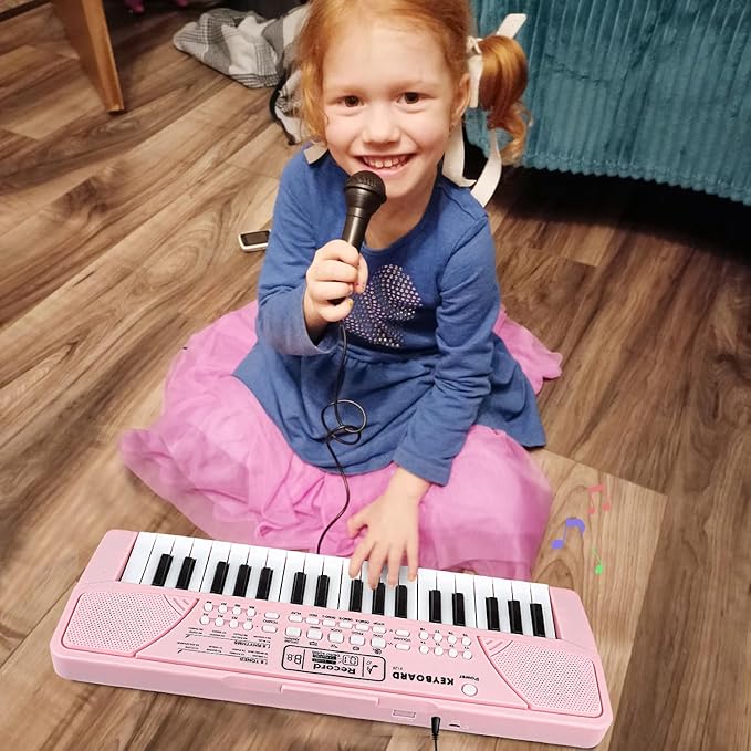 M SANMERSEN Kids Piano Keyboard with Microphone 37 Keys Portable Electronic Keyboards for Beginners Musical Toy for 3/4/5/6 Year Old Girls Boys, Pink