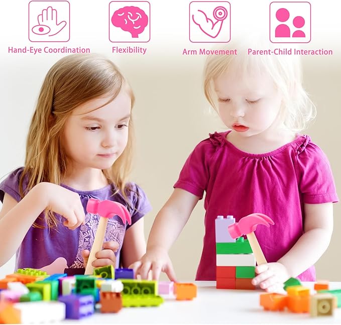 2 Pack Wooden Hammer Toys Simulation Hammers Maintenance Tools Educational Toys for Kids Birthday Party Games Supplies (Rose Red)