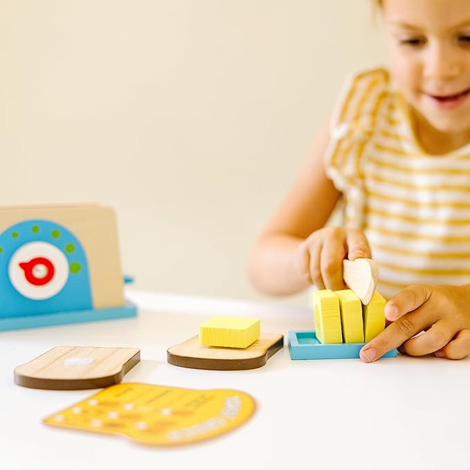 Melissa & Doug Bread and Butter Toaster Set (9 pcs) - Wooden Play Food and Kitchen Accessories