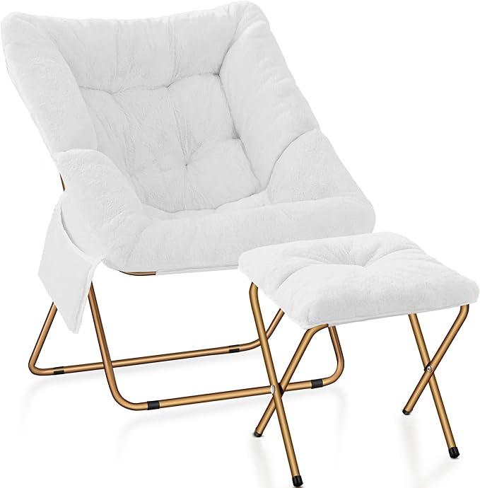 Comfy Saucer Chair, Foldable Living Room Chairs, Soft Faux Fur Lounge Chair for Bedroom, Reading Chairs for Adults, Kids, X-Large (White)