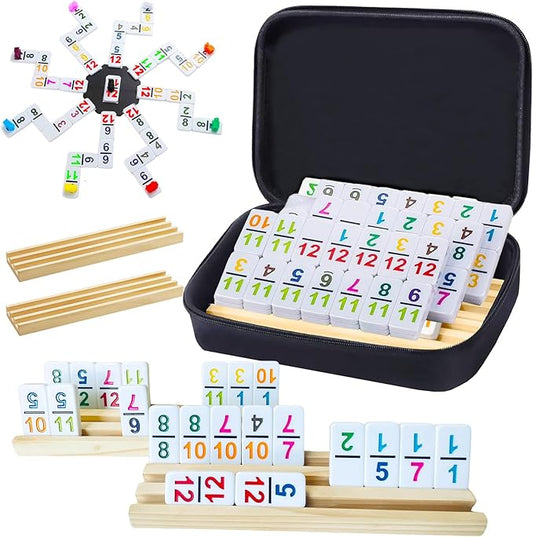 2-6 Players Mexican Train Dominoes Set with Numbers, 6 Wooden Racks, 91 Tiles, Portable Case, Dominos Set for Adults, Board Games for Adults, Valentines Day Gifts for Him Her Men Women Mom Dad