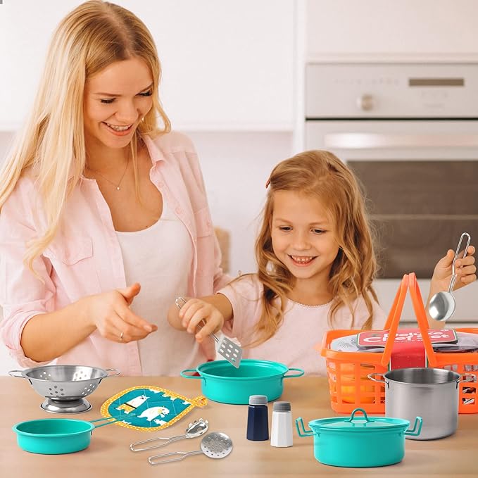 Kids Play Kitchen Toy Accessories Set Toddler Cooking Playset Colorful Stainless Steel Pots and Pans Birthday Gifts for 3+ Girls Boys (Green)