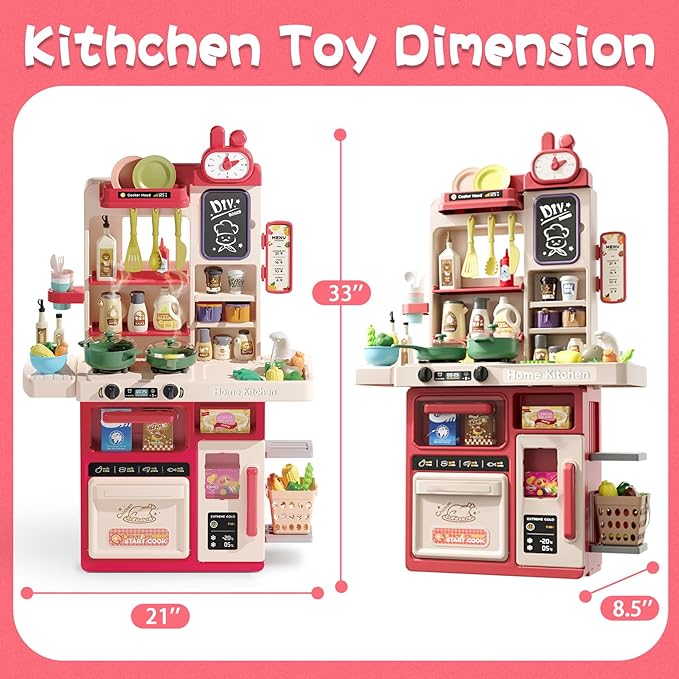 Kids Kitchen Playset Set, 63PCS Pretend Play Kitchen Toys for Toddlers, Cooking Stove with Steam Sound Light, Play Sink with Manual Faucet, Play Food Accessories Gift for Girls Boys, 33’’H