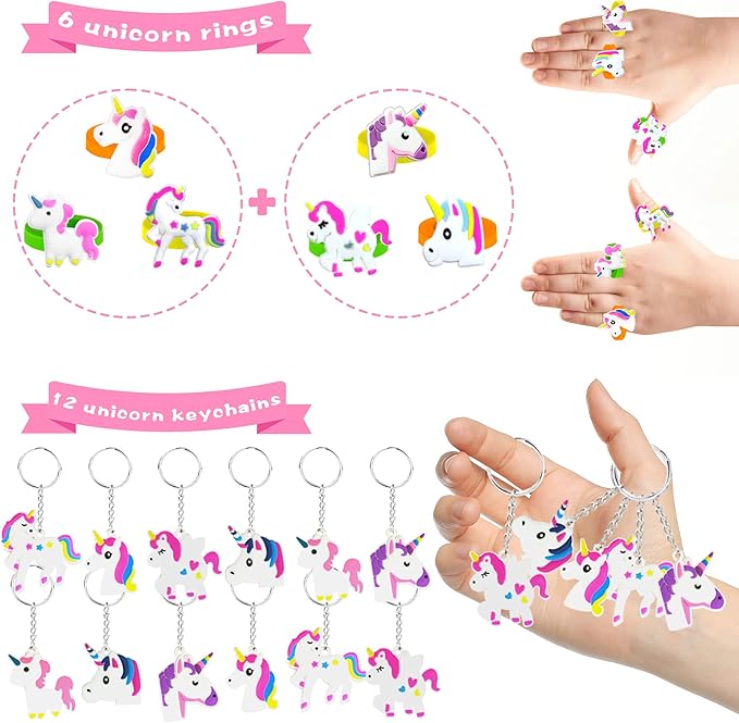 78 PCS Unicorn party Favors Girls Unicorn Birthday Supplies with Bracelets Necklaces Rings Keychains Badges Bookmarks Notebooks Goodie Bags Fillers for Birthday Party Prizes Unicorn Pinata Stuffers