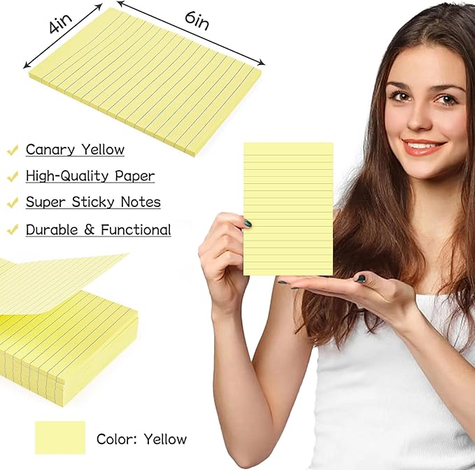 9 Pads Lined Sticky Notes 4x6 inch Post, Canary Yellow, Clean Removal, Self-Stick Pads, Large Sticky Notes Easily Used for Home, Office, School, 40 Sheets/Pad